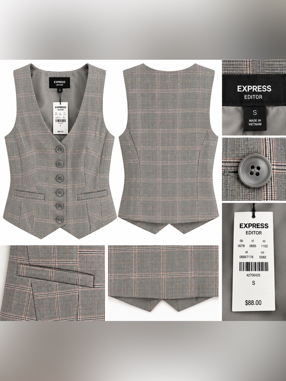NWT Express Editor Plaid Tailored Vest Gray Size Small